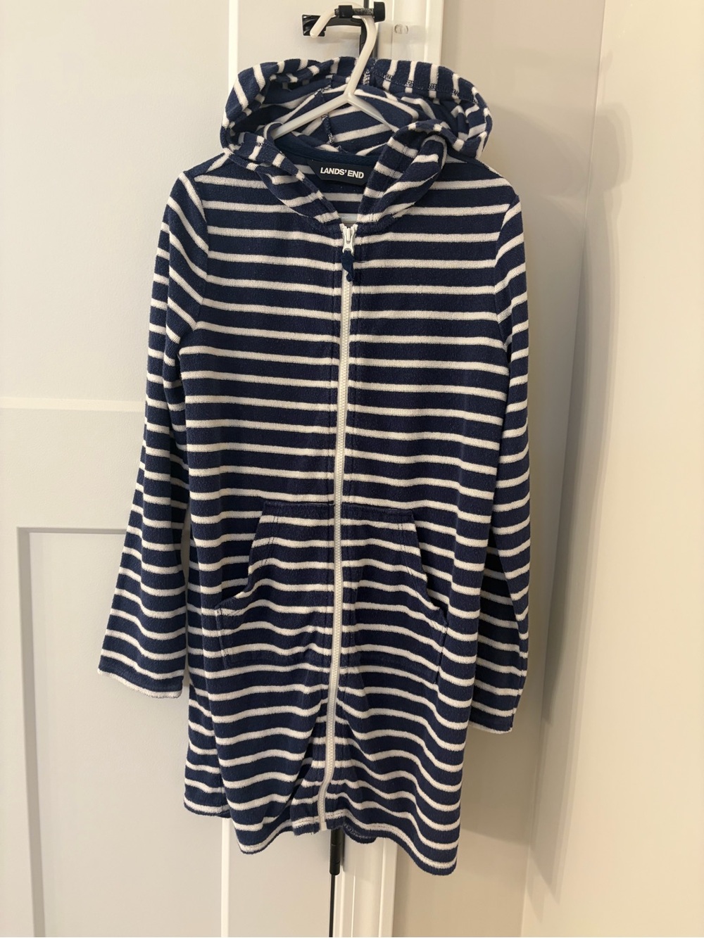 Lands' End Kids Navy & White Striped Hooded swim coverup